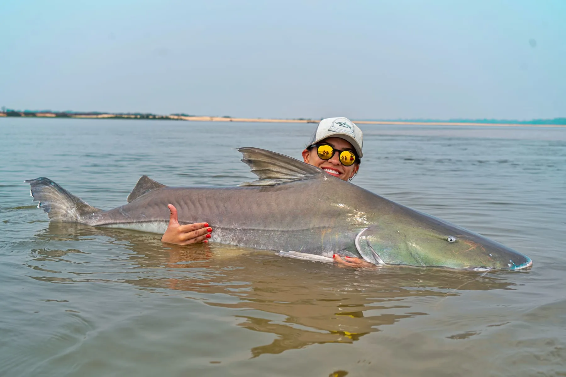 Pescador dentro do rio abraça um peixe de couro grande
